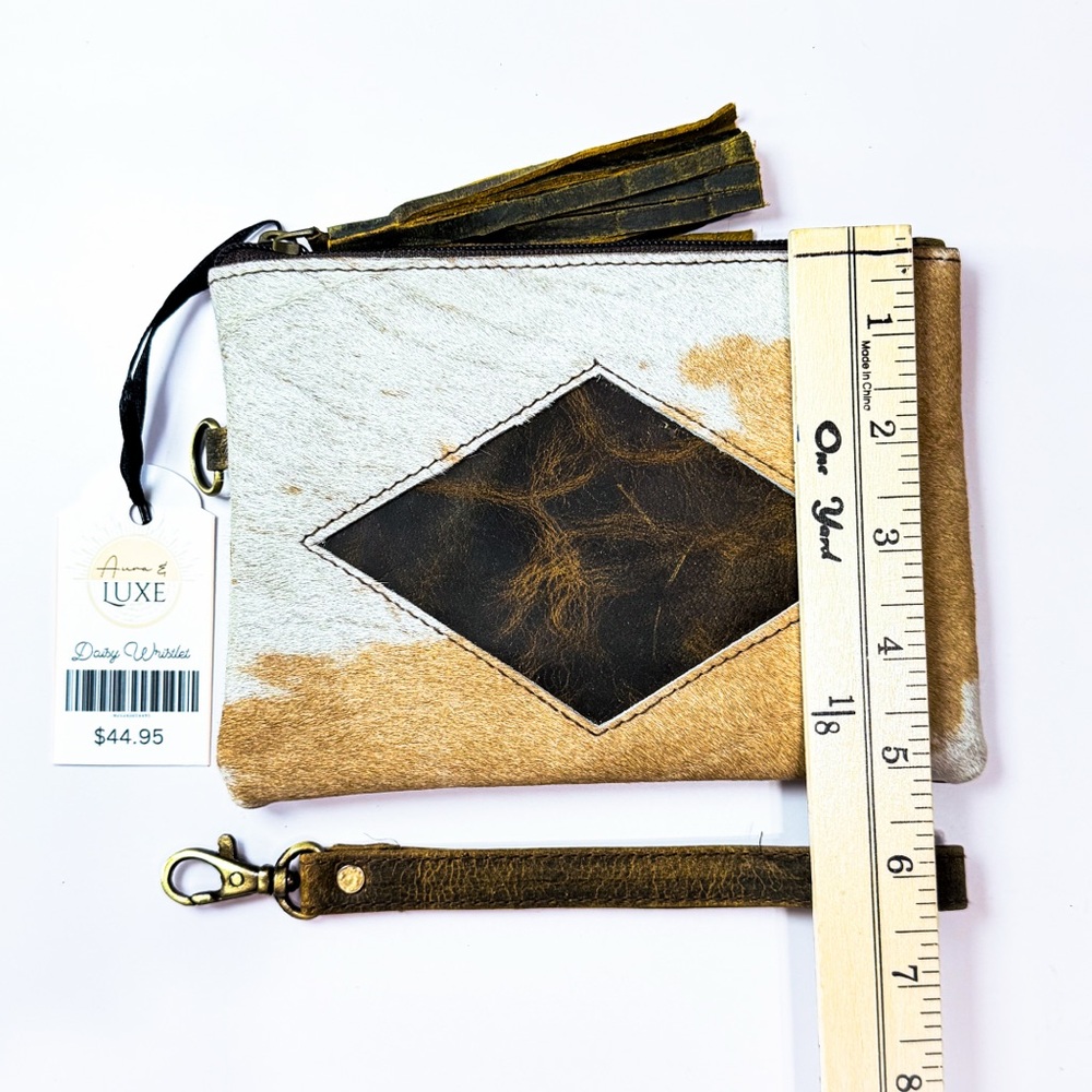 Hair On Hide Leather Wristlet Cowhide Clutch Western Ranch Rustic Brown/White - Picture 3 of 5